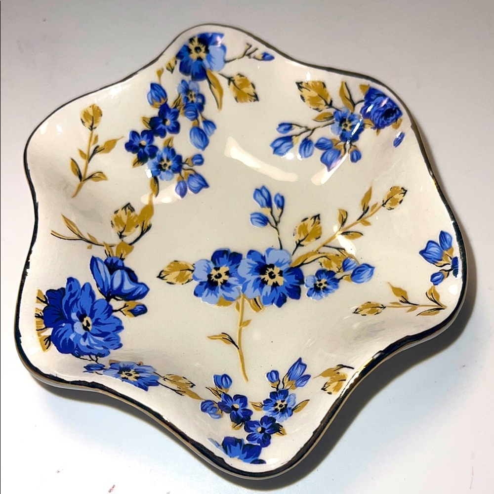 Floral Ceramic Dish with Blue and Gold Accents
